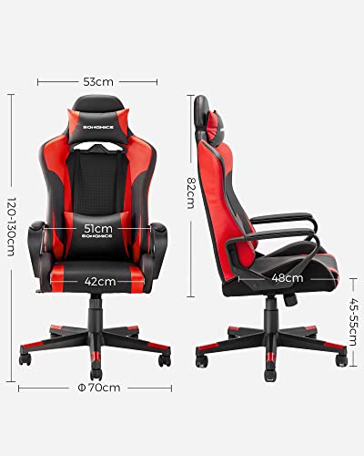 Gaming Chair, Computer Chair, Office Chair, Removable Headrest, Lumbar Cushion, Height-Adjustable, Rocker Function, Maximum Load 150 kg, Ergonomic, Black/Red