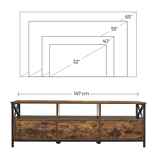 TV Stand, TV Cabinet for up to 65 Inch TV, TV Table with 3 Drawers and 3 Open Shelves, 40 x 147 x 50 cm, for Living Room, Bedroom, Steel Frame, Rustic Brown and Black