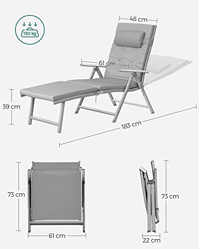 Foldable Sun Lounger, Sunbed with 6 cm Mattress, Removable Headrest, Rustproof Aluminium, Breathable, Comfortable, Reclinable, Max. Load Capacity 150 kg, Grey