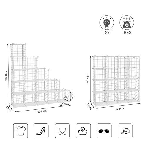 16 Cube Metal Wire Storage Organiser, DIY Closet Cabinet and Modular Shelving Grids, Wire Mesh Shelves and Rack, White