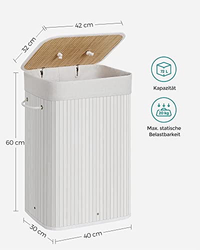 Bamboo Laundry Basket, 72L Foldable Laundry Hamper, Rectangular Storage Hamper with 3 Handles, 40 x 30 x 60 cm, White