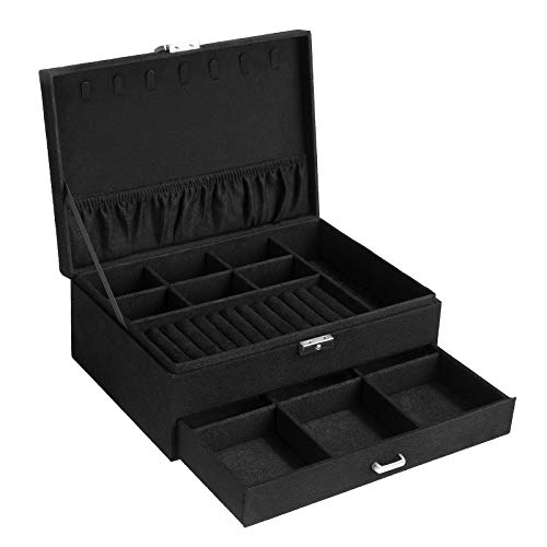 Jewellery Box, Jewellery Case, 2 Levels with a Drawer and Key, for Rings Watches Necklaces Earrings, Black