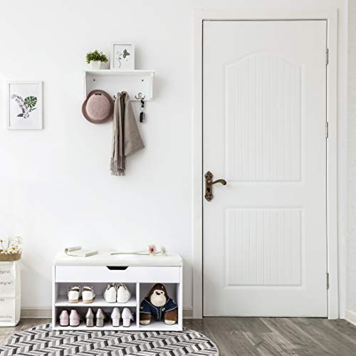 Wooden Shoe Bench, Paaed Storage Seat, Hallway Cabinet with 2 Shelves and a Hidden Chest, White