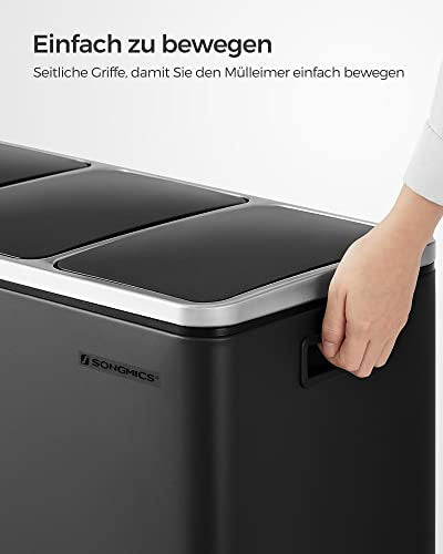 Recycling Bin, 3 x 18 L Triple Kitchen Bin, 3 Compartment Pedal Bin with Soft-Close Lids, Plastic Inner Buckets, and Handles, Black