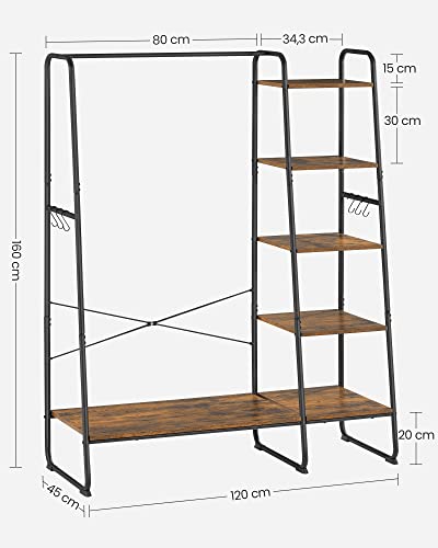 Clothes Rail, Clothes Rack with Shoe Shelf, 5-Tier Storage Rack, 6 Side Hooks, for Bedroom, Living Room, Rustic Brown and Black