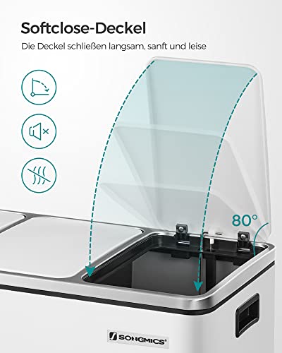 Recycling Bin, 3 x 18 L Triple Kitchen Bin, 3 Compartment Pedal Bin with Soft-Close Lids, Plastic Inner Buckets, and Handles, White