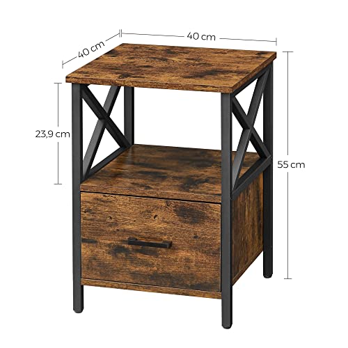 Bedside Table, Side Table, Nightstand with Open Shelf, Drawer, 40 x 40 x 55 cm, Rustic Brown and Black