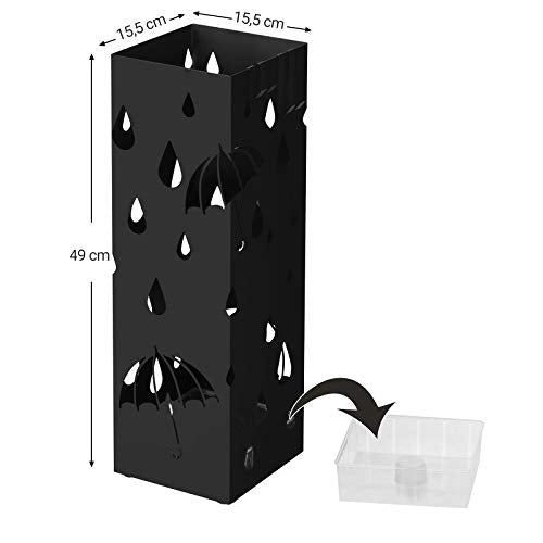 Metal Umbrella Stand, Square Umbrella Holder with Drip Tray and 4 Hooks, 15.5 x 15.5 x 49 cm, Black