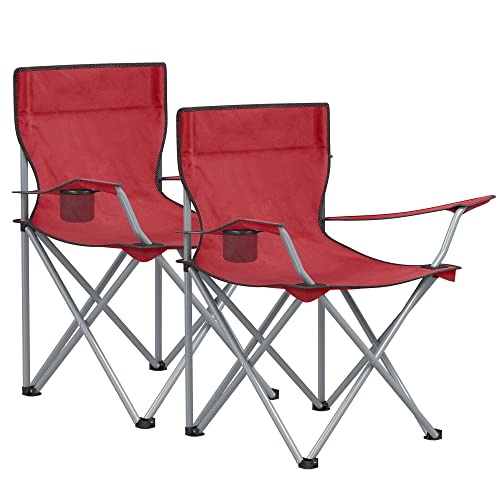 Folding Camping Chairs, Set of 2 Outdoor Chair, with Armrests, Cup Holder, Portable, 120 kg Capacity, for Camping, Garden, Fishing, Beach, Balcony, Red