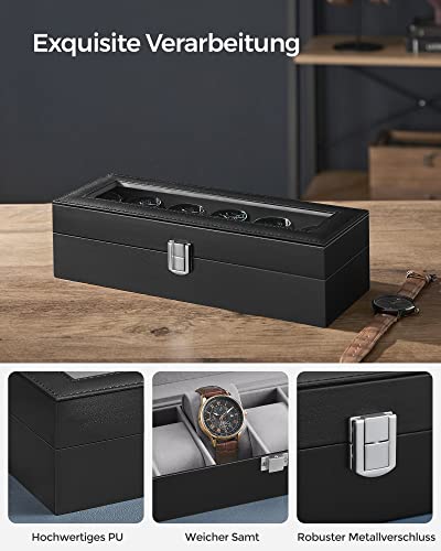 Watch Box with 6 Slots, Watch Case with Glass Lid, Velvet Watch Pillows, Watch Holder with Clasp, 11.2 x 30 x 8 cm, Gift Idea, Black Synthetic Leather, Grey Lining