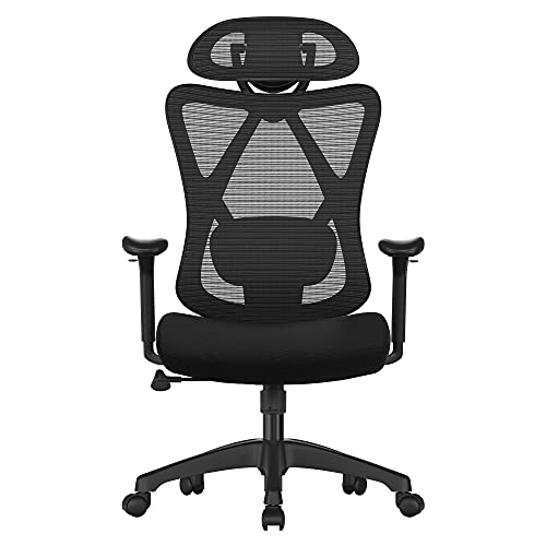 Office Chair, Ergonomic Desk Chair, Computer Chair, Mesh Chair, Adjustable Lumbar Support and Headrest, 150 kg, Height-Adjustable, Black