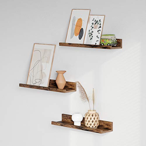 Floating Shelves, Set of 3 Wooden Wall Shelves, 38 cm Long, with Front Edge, for Trinkets, Spice Jars, Framed Pictures, Rustic Brown