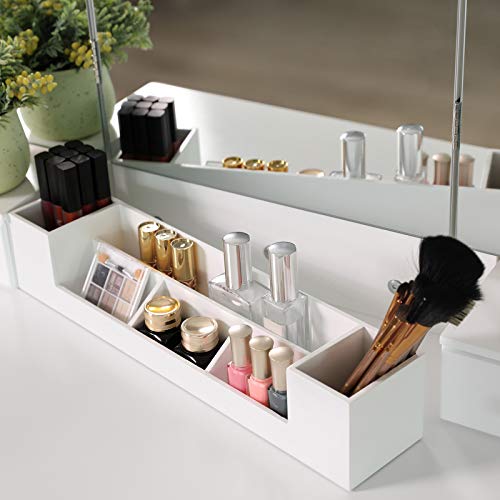 Dressing Table with 5 Drawers, Makeup Desk with 1 Stool, Frameless Tri-Fold Mirror, 1 Removable Cosmetic Storage Box, Vanity Set, Easy to Assemble, White