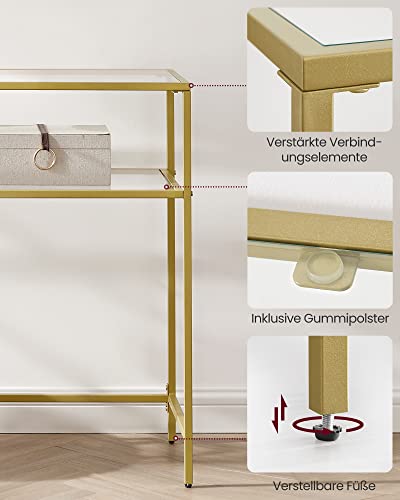 Console Table, Tempered Glass Table, Modern Sofa or Entryway Table, Metal Frame, 2 Shelves, Adjustable Feet, for Living Room, Hallway, Gold Colour