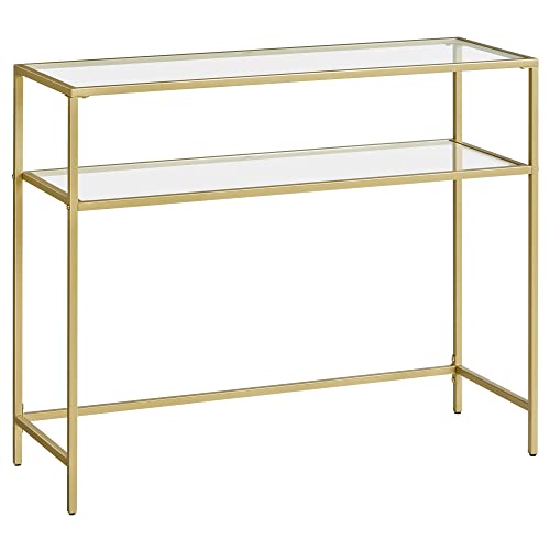 Console Table, Tempered Glass Table, Modern Sofa or Entryway Table, Metal Frame, 2 Shelves, Adjustable Feet, for Living Room, Hallway, Gold Colour