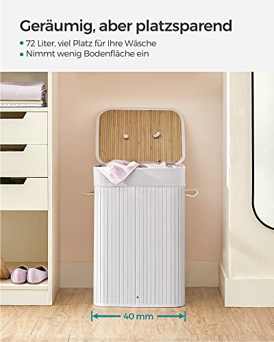 Bamboo Laundry Basket, 72L Foldable Laundry Hamper, Rectangular Storage Hamper with 3 Handles, 40 x 30 x 60 cm, White