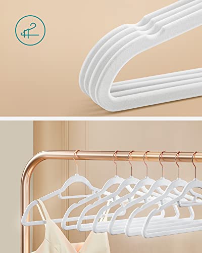 Velvet Hangers, Set of 30 Coat Hangers for Clothes, Non-Slip, with Tie Bar and Rose Gold Hook, Space-Saving, 0.6 cm Thick, 43.5 cm Long, for Dresses Trousers, White