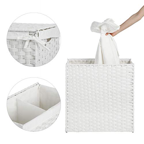 Handwoven Laundry Basket, 110L Synthetic Rattan Divided Clothes Hamper with Lid and Handles, Foldable, Removable Liner Bag, White