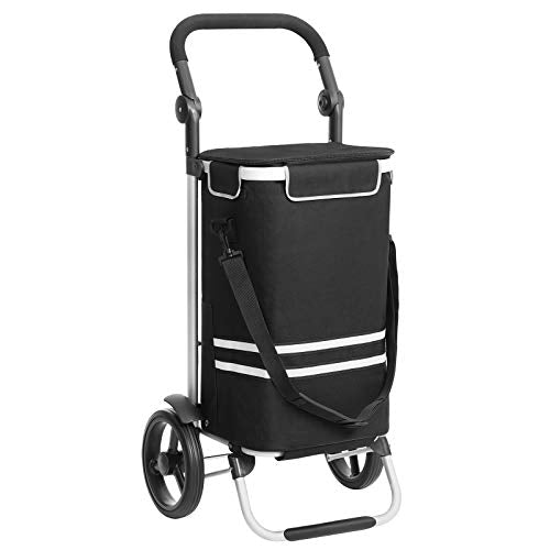 Shopping Trolley, Foldable Shopping Cart, Solid, with Insulated Cooling Bag, Large Capacity 35L, Multifunctional Luggage Cart with Wheels, Detachable Backpack, Black