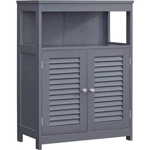 Wooden Bathroom Floor Cabinet Storage Organiser Rack, Kitchen Cupboard Free Standing, with Double Shutter Doors, Grey