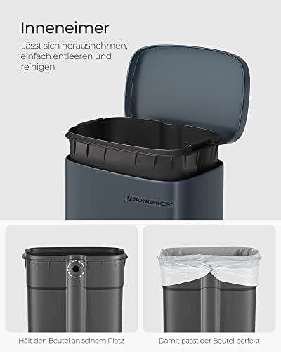 Kitchen Rubbish Bin, 30 L Pedal Bin with Plastic Inner Bucket, Lid, Soft Close, Odour Control, Smoky Grey