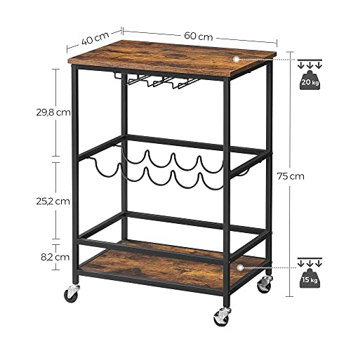 Kitchen Trolley on Wheels with Shelves Glass and Bottle Holders 60 x 40 x 75 cm Industrial Design Vintage Brown/Black