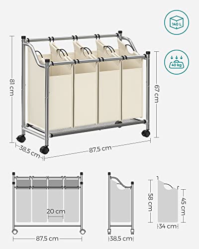 Rolling Laundry Sorter, Laundry Basket with 4 Removable Bags, Laundry Hamper, Laundry Trolley, for Laundry Room, Bedroom, Bathroom, 4 x 35L, Beige