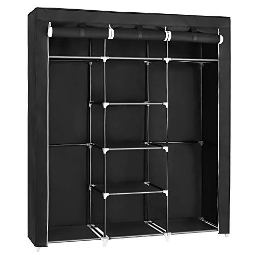 Folding Wardrobe, Fabric Cabinet, Foldable Coat Rack with 2 Clothes Rails, 175 x 150 x 45 cm, Black, Canvas