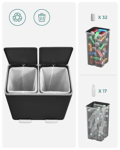 Recycling Bin, Double Trash Can, 2 x 24L, with 2 Compartments, Soft-Close Lids, Pedals, Plastic Inner Buckets and Carry Handles, Black