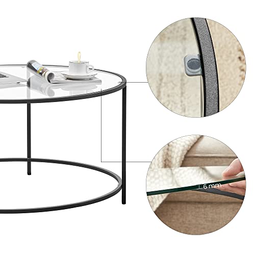 Round Coffee Table, Glass Table with Steel Frame, Living Room Table, Sofa Table, Tempered Glass, Black