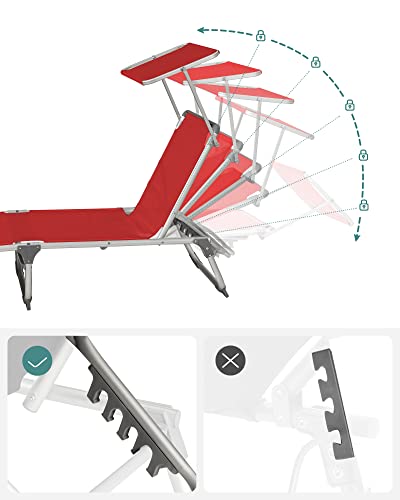 Sun Lounger, Sunbed, Reclining Sun Chair with Sunshade, Adjustable Backrest, Foldable, Lightweight, 55 x 193 x 31 cm, Load Capacity 150 kg, for Garden, Patio, Red