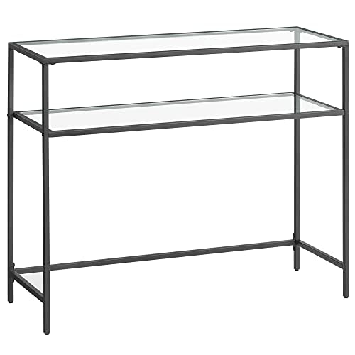 Console Table, Tempered Glass Table, Modern Sofa or Entryway Table, Steel Frame, 2 Shelves, Adjustable Feet, for Living Room, Hallway, Black