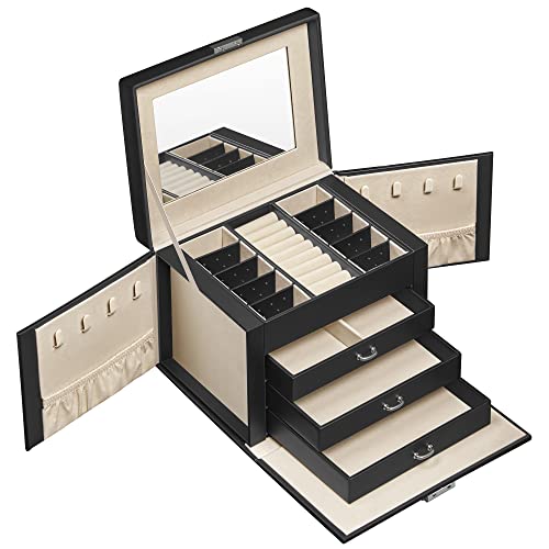 Jewellery Box, Jewellery Organiser 4 Levels, Lockable Jewellery Storage Case with Trays, Velvet Lining, Black