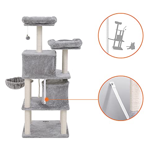 Cat Tree, Tall Cat Tower, 2 Caves, Light Grey