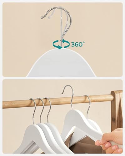 Set of 20 Solid Wood Hangers with Velvet Cover, Non-Slip Notches in the Shoulder Area, with Bar for Trousers, 360° Rotating Hook, for Jackets, White