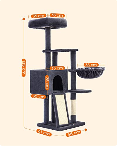 Cat Scratching Post 135 cm Small Cat Tree Multi-Tier Plush Cat Scratching Post with Washable Removable Perch Scratching Post Basket Cave Dark Grey