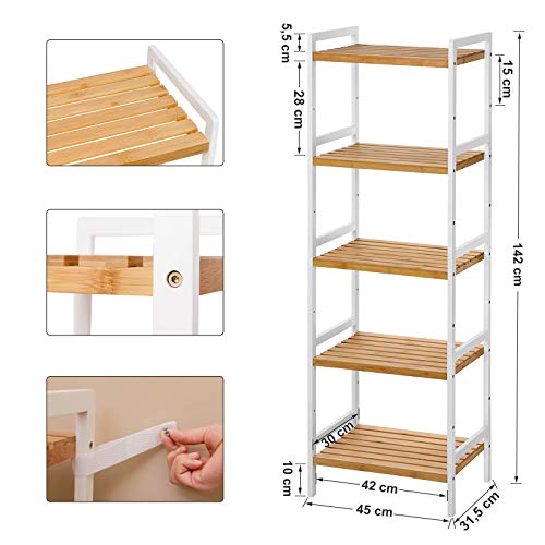 5-Tier Bamboo Storage Rack for Bathroom, Kitchen, Bedroom, 31.5 x 45 x 142 cm, Natural and White