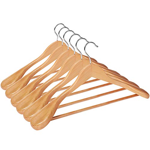 Suit Hangers, Set of 6, Solid Wood Contoured Hangers with Extra Wide Shoulders, Non-Slip for Outfits, Shirts, Coats, Jackets, Trousers, Pants, 360° Swivel Hook, Natural Colour