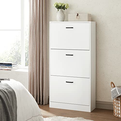 Shoe Cabinet with 3 Drawers Shoe Rack Shoe Cabinet with 3 Compartments Adjustable for Hallway Living Room Bedroom 60 x 24 x 120 cm (L x W x H), White V1