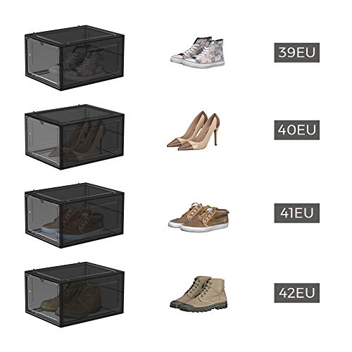 Shoe Boxes, Plastic Shoe Storage Organisers with Clear Doors, Set of 6, Stackable, Easy Assembly, 27 x 34.5 x 19 cm, up to UK Size 10, Black