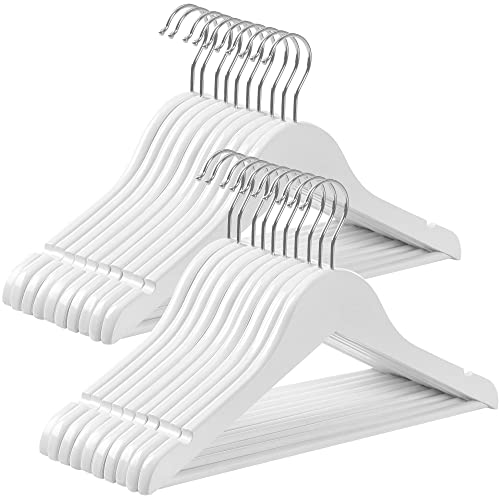 Children's Clothes Hangers Solid Wood, Pack of 20, with Bridge and Notches, 360° Rotating Hook White 35cm