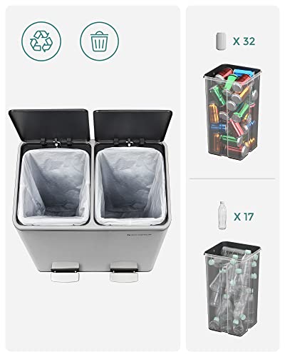 Recycling Bin, Double Trash Can, 2 x 24L, with 2 Compartments, Soft-Close Lids, Pedals, Plastic Inner Buckets and Carry Handles, Silver