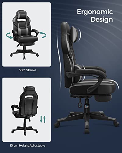 Gaming Chair Desk Chair with Footrest, Office Chair with Headrest and Lumbar Cushion, Height-Adjustable, Ergonomic, 90-135° Tilt Angle, Load 150 kg Black + grey