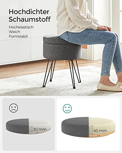 Round Stool with Storage Space, Storage Box with Lid, 13.4 L, Footrest, Metal Legs, Padded Seat, for Living Room, Bedroom, Dark Grey