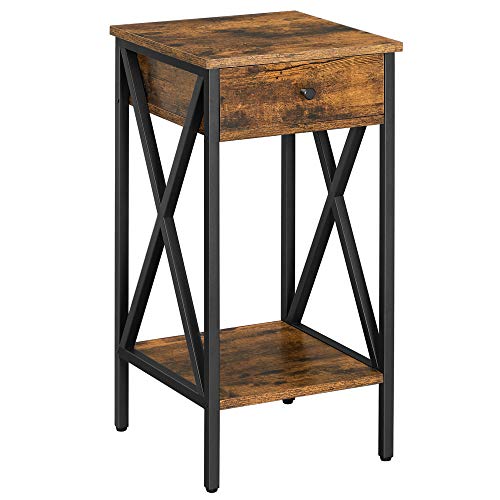 Nightstand, End Table, Tall Bedside Table with Drawer and Storage Shelf, Industrial, Rustic Brown and Black