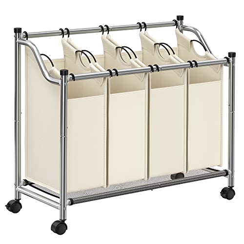 Rolling Laundry Sorter, Laundry Basket with 4 Removable Bags, Laundry Hamper, Laundry Trolley, for Laundry Room, Bedroom, Bathroom, 4 x 35L, Beige