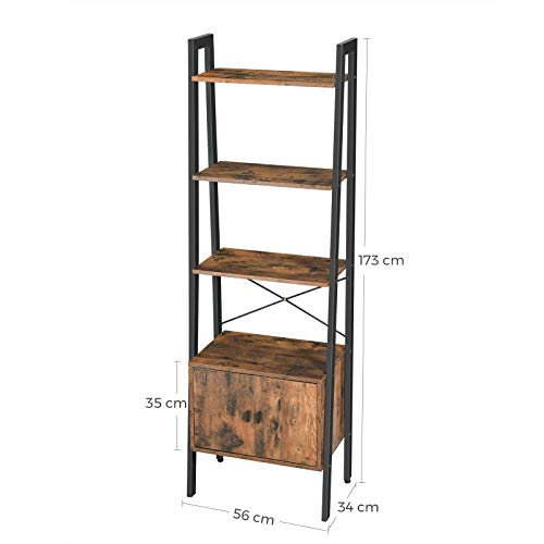 Ladder Shelf, Bookshelf with Cupboard, Living Room Shelf, 4 Shelves, Stable Iron Frame, Bedroom, Office, 56 x 34 x 173 cm, Industrial Design, Rustic Brown