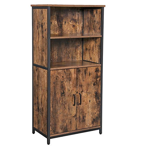 Floor Standing Cabinet, Storage Cabinet, Kitchen Cupboard with 2 Open Compartments, 1 Adjustable Shelf Behind Doors, Multifunctional, Industrial Style, Rustic Brown and Black