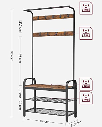 Coat Rack, Coat Stand with Shoe Storage Bench, 4-in-1 Design, with 9 Removable Hooks, a Clothes Rail, for Hallway, Entrance, 33.7 x 84 x 183 cm, Industrial, Rustic Brown and Black