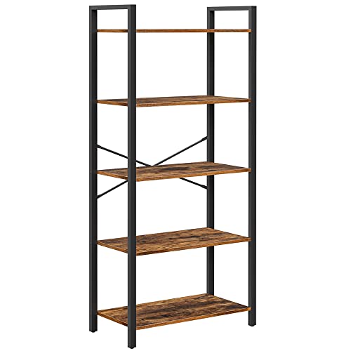 OKPET  5-Tier Storage Rack, Bookshelf with Steel Frame, for Living Room, Office, Study, Hallway, Industrial Style, Rustic Brown and Black